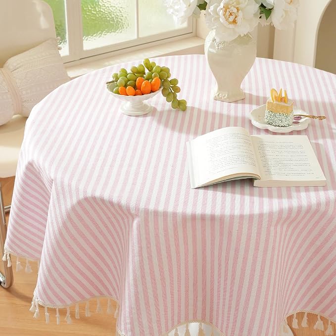 meioro Striped Round Tablecloth, Cotton Blend Fabric Pink Circle Table Cloth with Tassel, Washable Wrinkle Free Table Cover Cute Small Tablecloths for Card Coffee Tables Home Party - Round 39 Inch