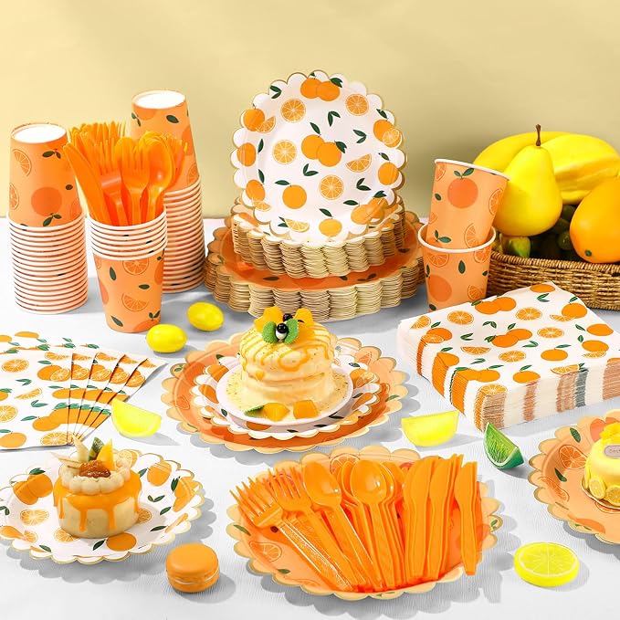 Funnymoom 400 Pcs Orange Party Supplies for 50 Guest Cutie Is on The Way Disposable Plates Napkin Cup Spoon Fork Knives for Tangerine Summer Outdoor Picnic Birthday Baby Shower Party Supplies