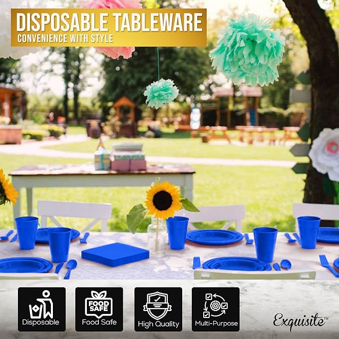 350 Pcs Dark Blue Plastic Plates For Party, Dark Blue Disposable Plates Set, 50 Of Each 9" Dinner Plate Set, 7" Dessert Plate, Cups, Napkins & Cutlery Plastic Dinnerware Set Exquisite