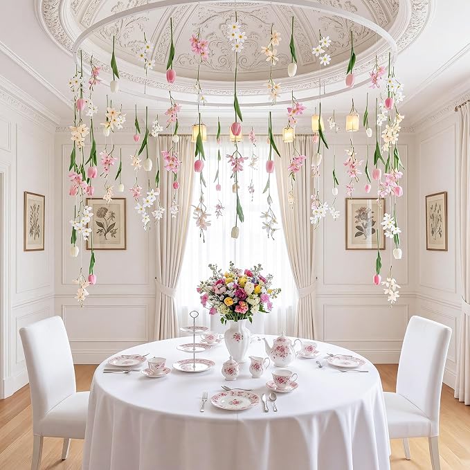 6 Pcs 35.4ft Artificial Tulips Hanging Flower Garlands with Hooks, Spring Faux Tulip and Wildflower Ceiling Vines, Mixed Colors Floral Backdrop for Wedding Party Home Wall Arch Decor