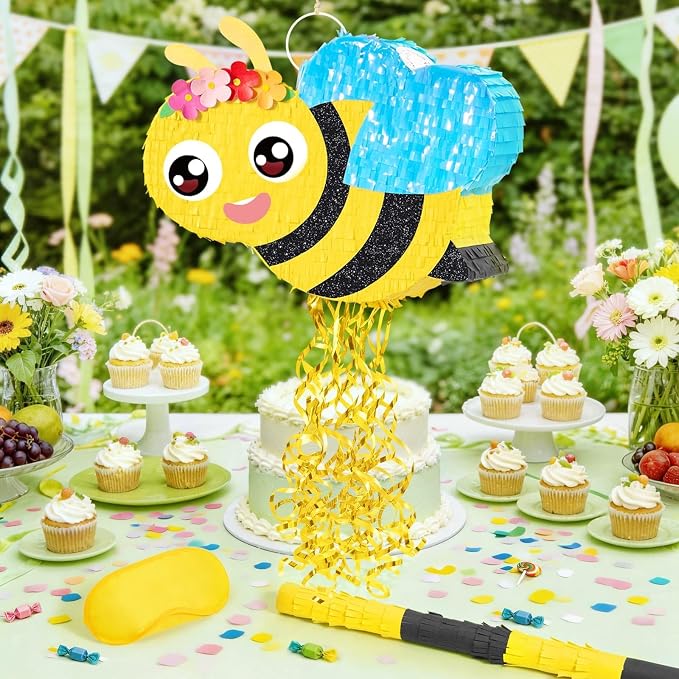 WERNNSAI Bee Piñata - Happy First Bee Day Decorations Cute Piñata with Blindfold and Bat for Kids Birthday Classroom Garden Party Game Supplies Baby Shower Spring theme Party Decorations