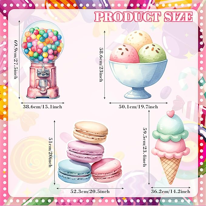 Honoson 4 Pcs Large 32" Candyland Cardboard Cutouts Backdrop Standup, Ice Cream Candy Party Decoration Yard Sign Photo Props Sweet Colorful for Birthday Party Supplies Summer Baby Shower