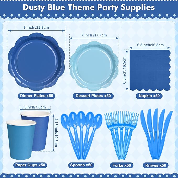350 Pcs Blue Party Supplies Set - Blue Paper Plates and Napkins Set Include Gradient Blue Scalloped Paper Plate Napkin Cup Spoon Fork Knife for Birthday, Baby Shower, Wedding Forest Events