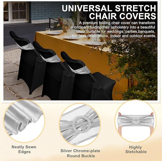 Preboun 50 Pack Folding Chair Cover Set with 25 Spandex Chair Slipcovers 25 Sequin Chair Sashes Bow Washable Chair Protector Chair Cover for Party Wedding Banquet Event (Black, Silver)