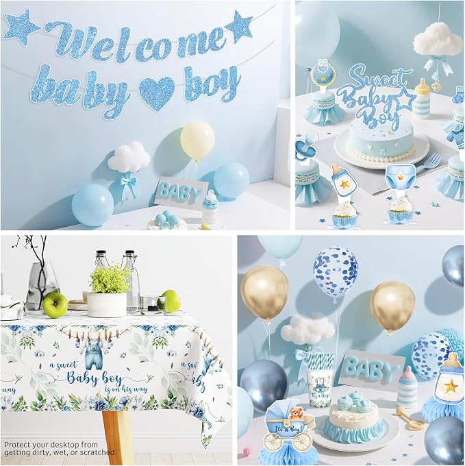 cocomigo 363PCS Blue Baby Boy Shower Decorations Tableware Set, 50 Serves Disposable Plates and Napkins Set, with Cake Topper, Centerpieces, Banner, Tablecloth, for Baby Boy Baby Shower Decorations
