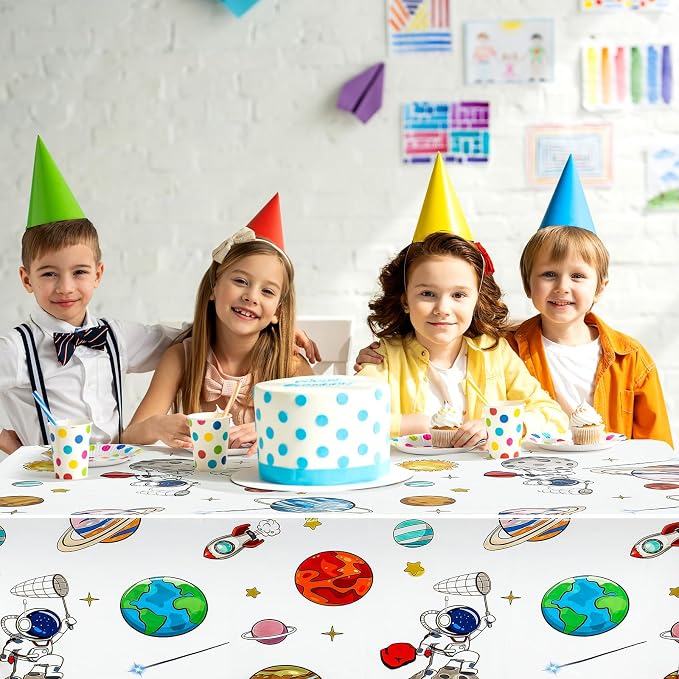 Oudain 6 Pcs Space Tablecloth Decorations Plastic Galaxy Table Cloth Space Theme Birthday Party Supplies for Boy Spaceship Planet Astronaut Rockets Disposable Table Covers, 54 x 108 Inch (White Style)