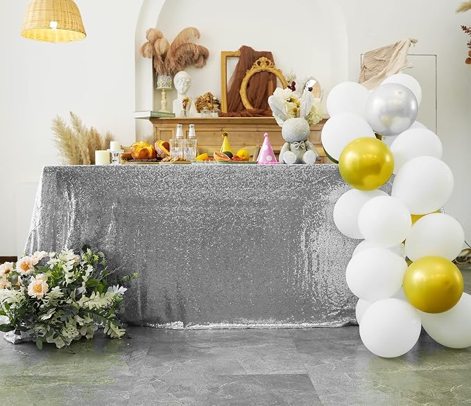 Silver Sequin Tablecloth 90"x132" Party Glitter Tablecloth Rectangular Sequin Table Cover Overlay Glitter Wedding Birthday Reception Decoration Baby Bridal Shower Christmas Decorations