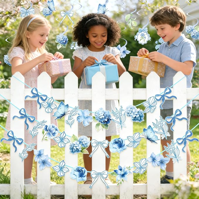 Blue Party Decorations, Blue Hydrangea Flower & Bow Themed Party Decorations, with 3 Pre-strung Flower Banners and 20 Hanging Swirls for Women Girl Birthday, Baby Showers, Bridal Showers, Birthdays, Tea Parties