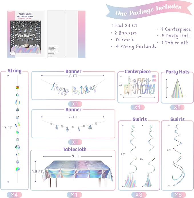 HonuGoGo 28-Piece Iridescent Birthday Party Decoration Kit – Happy Birthday Banner, Hanging Swirls, Garlands, Table Centerpiece, Tablecloth & Cone Hats for a Shimmering, Photo-Ready Celebration