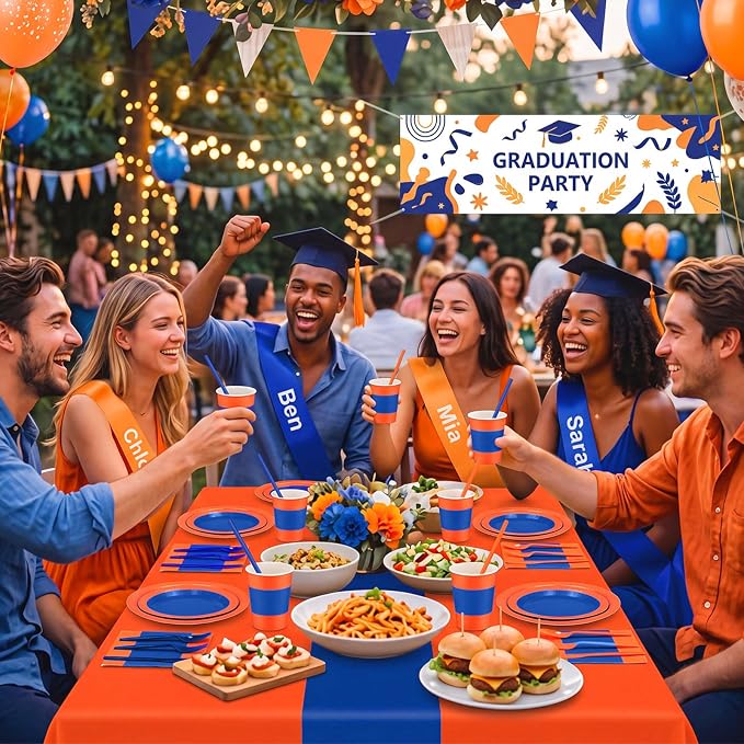 Funnymoom 452 Pcs Blue and Orange Party Supplies for 50 Guest, Blue Orange Paper Plates Cups Napkins Tablecloth Cutlery Straw Tableware Set for Graduation Birthday Retirement Wedding Party Decoration