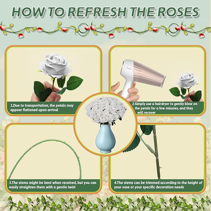 100 PCS Fake White Roses, Artificial Flowers Bulk Realistic Silk Faux Ivory Rose with Stems for Wedding Decorations Table Centerpieces Bridal Bouquet DIY Floral Arrangement Event Party Home Decor