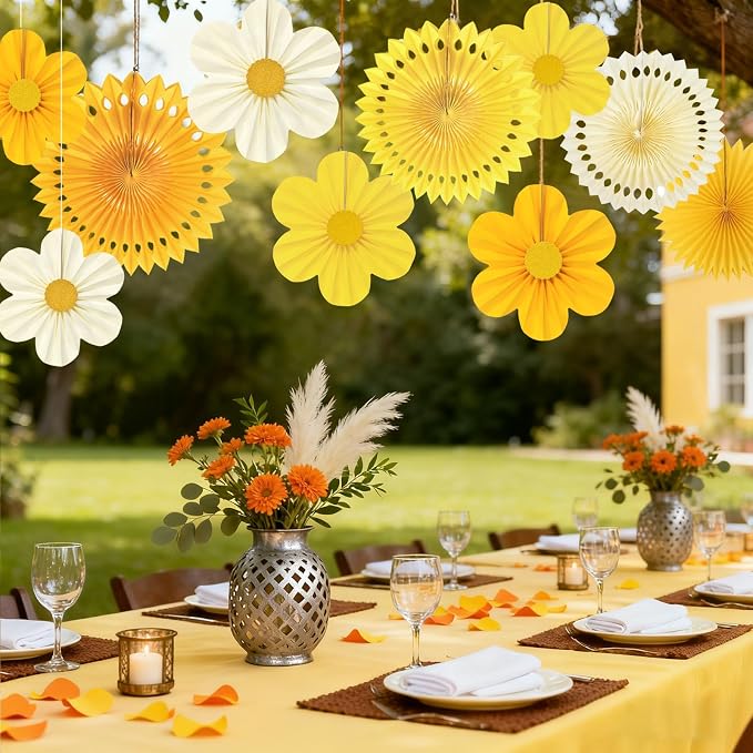 Yellow Party Decorations, 12PCS Paper Fans Flower Wall Backdrop for Sunflower Theme Birthday, Summer Lemon Party, Weddings, Baby Showers, Nursery Classroom Ceiling Supplies