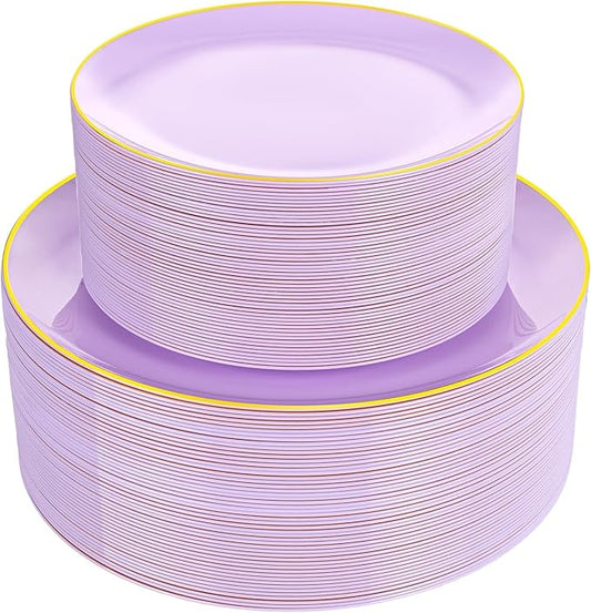 PULOTE 100PCS Purple Plastic Plates Disposable - Include 50 Dinner / 50 Dessert Plates Heavy Duty for Party, Wedding&Birthday