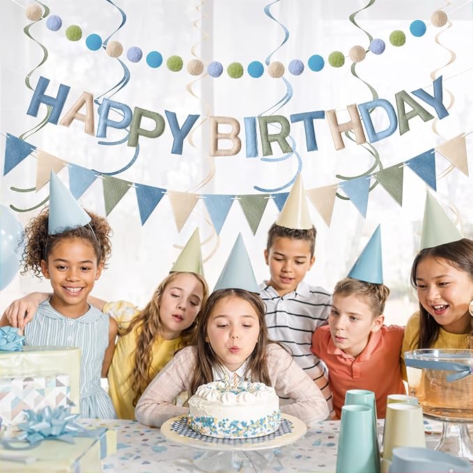 Kriyokiaa Pre-Strung Felt Happy Birthday Banner Dusty Blue Sage Green Happy Birthday Party Decorations with Pom Pom Garland, Flag and Hanging Swrils for Men Boys Party Decor
