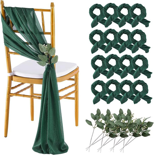 QueenDream Emerald Green Chair Sashes Wedding: 16 Pieces Long Sheer Wedding Aisle Chair Decorations Tulle Chairs Covers with Artificial Eucalyptus
