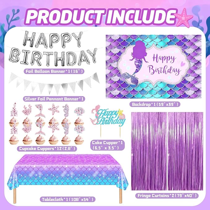 Mermaid Birthday Party Decorations Supplies Includes Banner, Backdrop, Foil & Latex Balloons, Tablecloth, Foil Fringe Curtain, Cake & Cupcake Toppers for Girls Women Under The Sea Theme Party