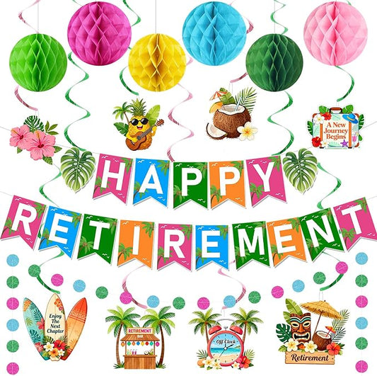 Luau Hawaiian Retirement Party Decorations for Men Women Tropical Happy Retirement Banner Honeycomb Balls Hanging Swirl Circle Dots Garland Beach Summer Retirement Party Supplies