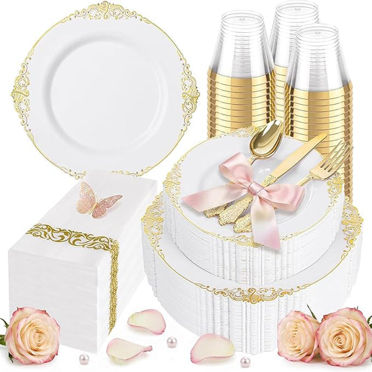 Hioasis 350pcs White and Gold Plates - White Party Plates for 50 Guest, Include 100 Heavy-duty Plates(20% Thicker Than Standard), 150 Cutlery Set, 50 Napkin, 50 Cups