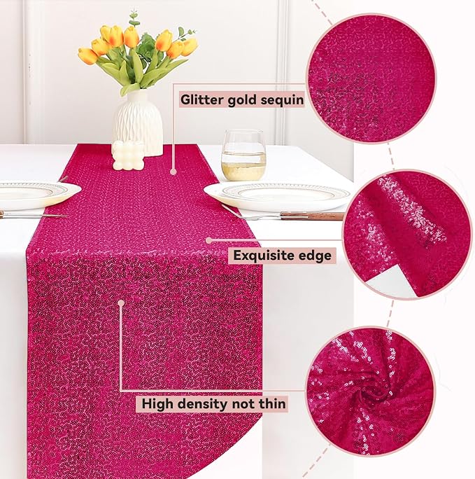 Sugargirl 10 Packs 12 x 72 inches Sequin Table Runner, Glitter Hot Pink Table Runner for Birthday Party Supplies Wedding Holiday Celebration Event Decorations