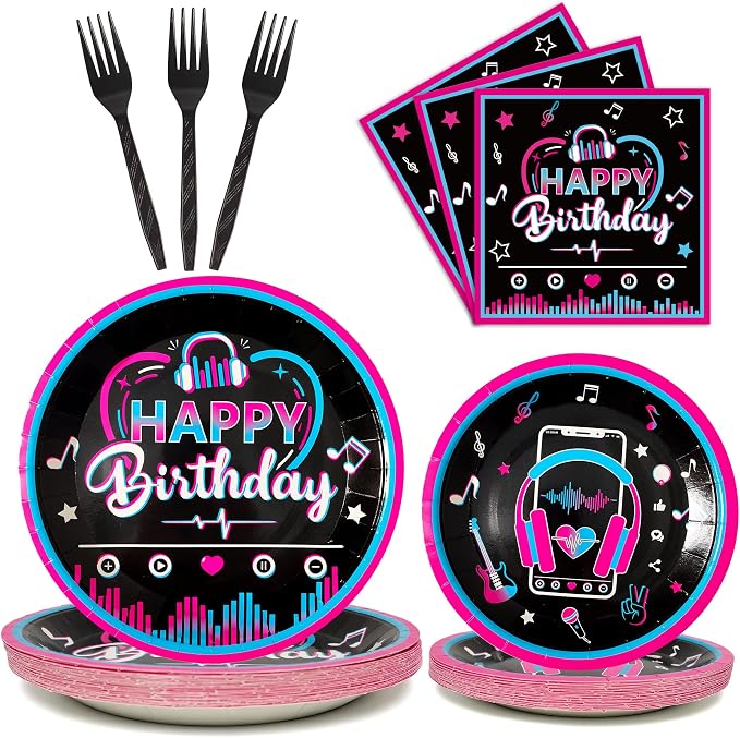 96 Pcs Music Party Supplies Tableware Set for Girls, Music Theme Birthday Party Plates Napkins Forks Packs Decorations for Birthday Baby Shower Celebration, 24 Guests