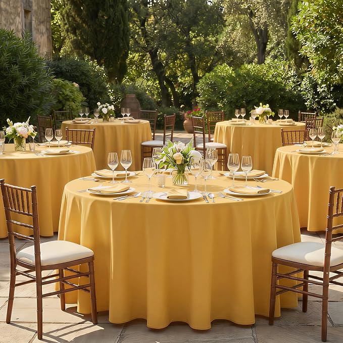 Fitable 6 Pack Gold Round Tablecloths - 120 Inches Round - Wrinkle and Stain Resistant Fabric Table Clothes, Washable Polyester Table Covers for Wedding, Party, Banquet, Formal Events
