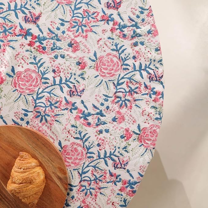 Hand Block Printed Tablecloth – Colorful Floral Print | 100% Cotton | Indian Artisan Handmade Art | Dining Room, Kitchen, Outdoor Décor, (Salmon Pink, 6 Seater 72 Inches Round)