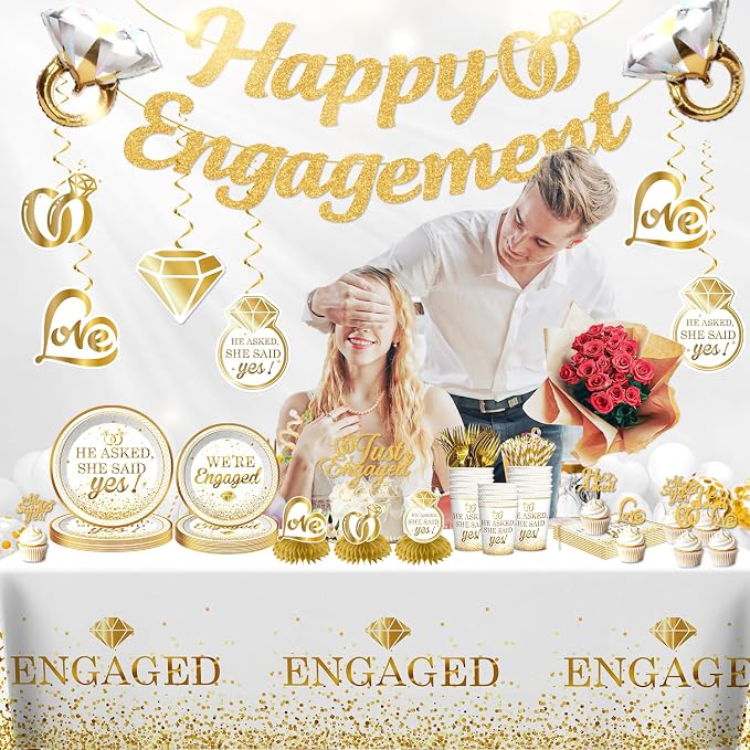 Engagement Party Decorations, Happy Engagement Banner Ring Foil Balloons He Asked She Said Yes Disposable Dinnerware with 2 Pcs Waterproof Engaged Tablecloth Wedding Proposal Decorations Party Decor