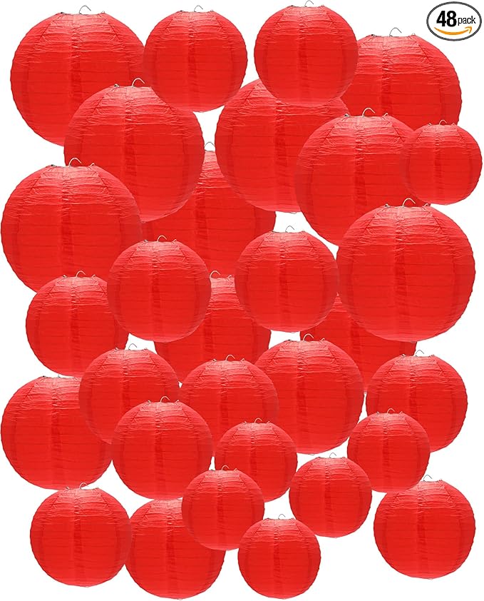 Treela 48 Pcs Paper Lanterns Party Decorations Chinese Round Paper Decor 4/6/8/10 Inch Asian Hanging Lamps Decorative for Graduate Wedding Birthday Party Bridal Parties Supplies(Red)