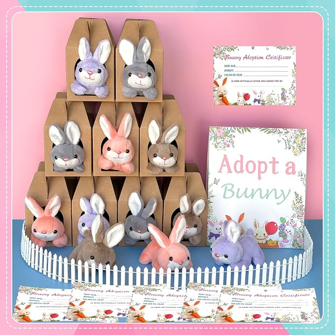 38 Pcs Adopt a Pet Bunny Party Favors Include 12 Mini Plush Easter Bunny 12 Foldable Boxes 12 Adopt Bunny Cards 1 Adopt Sign 1 Adopt Fence for Adopt a Pet Party (Bunny, 12 Set)
