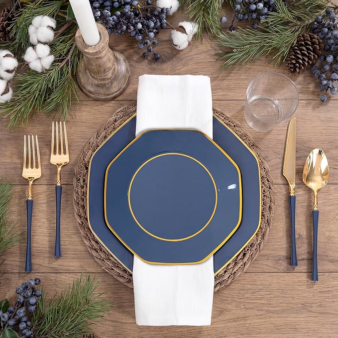 KIRE 140Pcs Blue Plastic Plates with Gold Rim - Gold Disposable Plastic Silverware with Blue Handle&Clear Cups&Hand Napkin - Geometric Party Plates for Passover/Party/Graduation