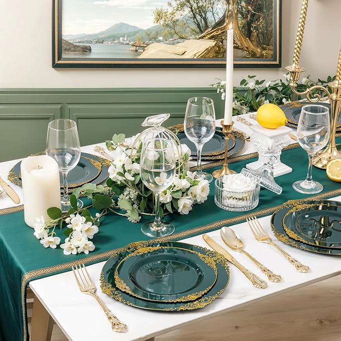 102PCS Green Plastic Plates - Green and Gold Plates - Fancy Heavy Duty Disposable Plate - Heavyweight Dinner & Dessert Plate for 51 Guests for Spring Party & Wedding