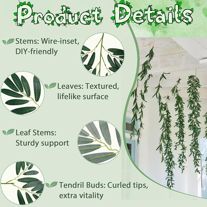 ucky Fake Vines, Eucalyptu Vines Garland, Ivy Vines, Green Artificial Wall Decor Hanging, Wedding Decoration，Flower Bouquet Decoration (4, Olive Vines)