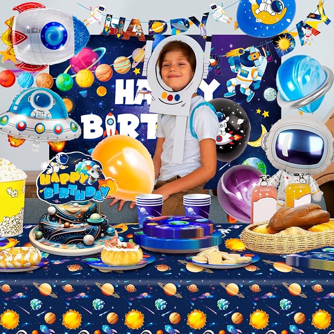Space Birthday Party Decorations, 16 Guests Outer Space Birthday Tableware Set Outer Galaxy Party Plates Solar System Tablecloth Astronaut Balloons etc Space Astronaut Party Decorations