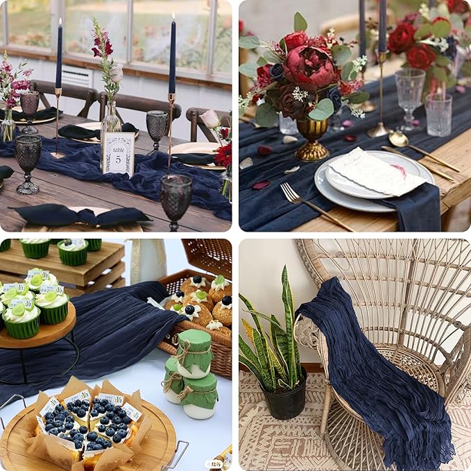 3 Pack Navy Blue Cheesecloth Table Runner 10FT Boho Gauze Cheese Cloth Table Runner Blue for Wedding Party Baby Shower Birthday Home Decor Holiday Decorations