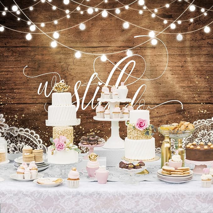 We Still Do Backdrop Rustic Wooden Floor Lights Lace Wedding Anniversary Party Decorations Photography Background Engagement Vow Renewal Bachelorette Supplies Banner Photo Booth Props 7x5ft
