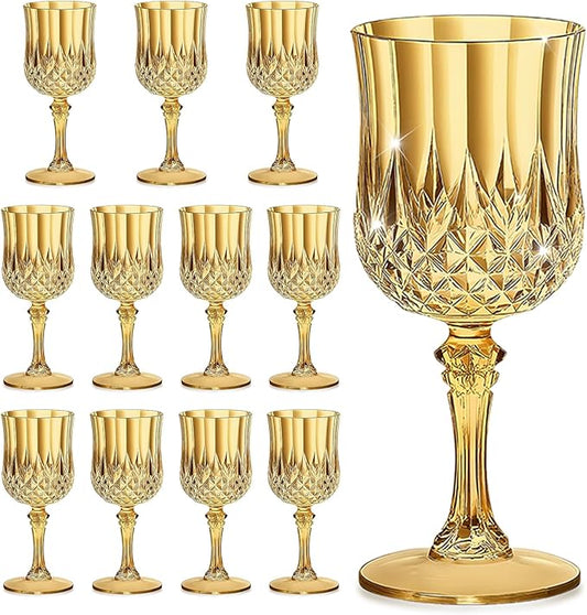 7OZ Plastic Wine Glasses, Reusable Vintage Goblets Unbreakable Drinking Glasses Crystal Water Cups Champagne for Wedding, Parties (12, Gold)