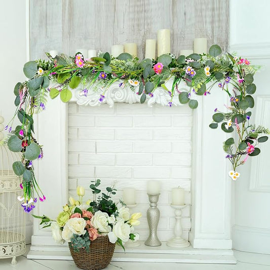 Janinka 2 Pcs Artificial Wildflower Garland 6 Feet Daisy and Lavender Faux Flower Vine Hanging Farmhouse Summer Spring Flower for Indoor Outdoor Front Door Porch Garden Wedding Stair Party Decor