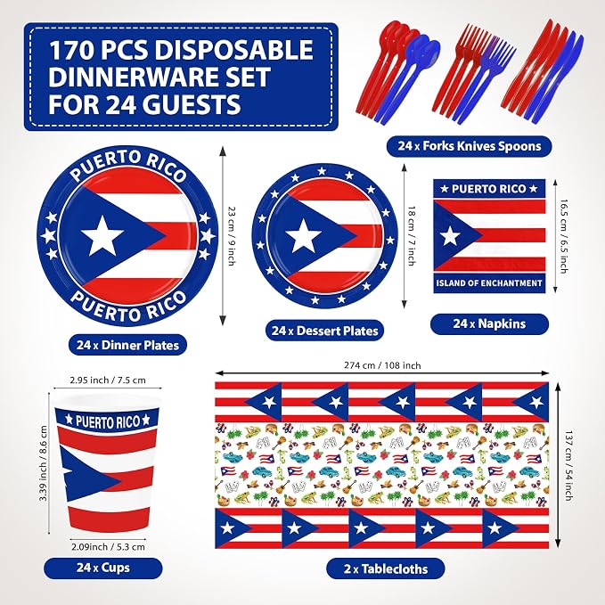 170Pcs Puerto Rico Party Supplies Puerto Rico Flag Plates Napkins Cups Forks Knives Spoons Tablecloths for Rican Fiesta Birthday Party National Day Cultural Celebrations, Serves 24