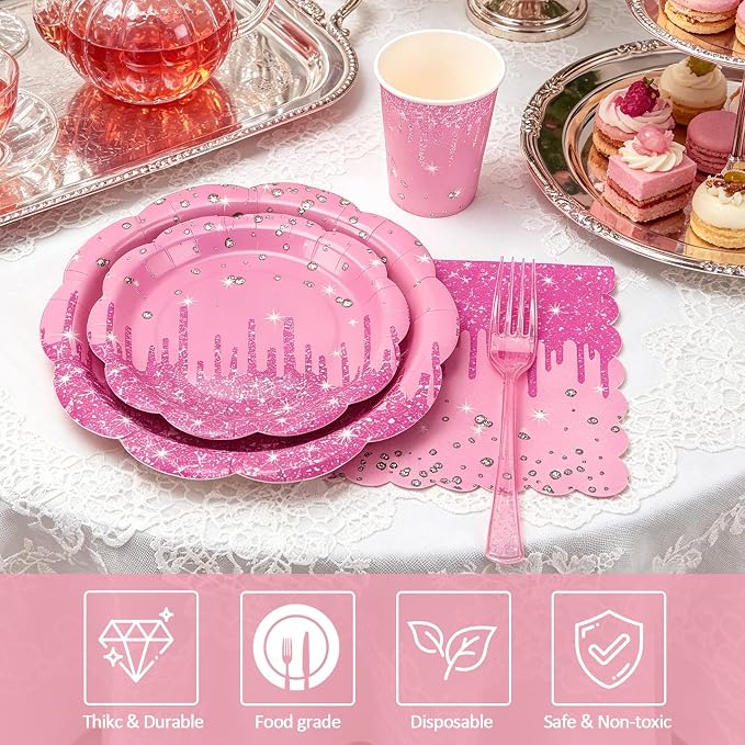 Pink Iridescent Plates and Napkins Party Supplies Set, Scalloped Disposable Plates Cups Napkins Forks Tablecloth, for Princess Birthday Baby Shower Bridal Shower Wedding Decorations, Serves 24 Guests