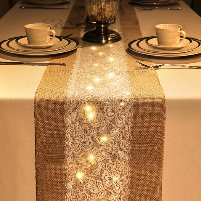 Xinnun 6 Pack Burlap Table Runner with Warm LED Lights,Rustic Lace Wedding Table Decor,Boho Farmhouse Jute Runner for Reception Bridal Shower Party(Classic,12x108 Inches)