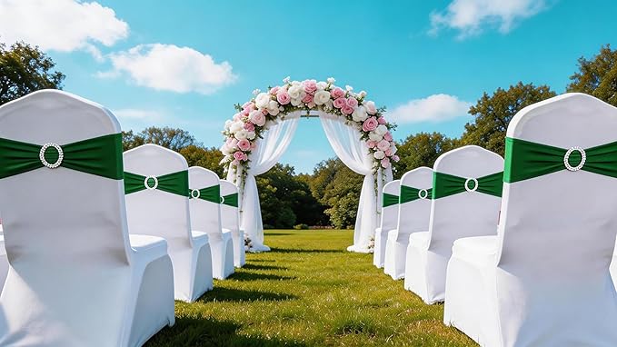 100 Pack Spandex Dark Green Chair Sashes for Wedding - Stretch Chair Bows Bands with Buckle for Party Birthday Banquets Engagement Christmas Events Decorations