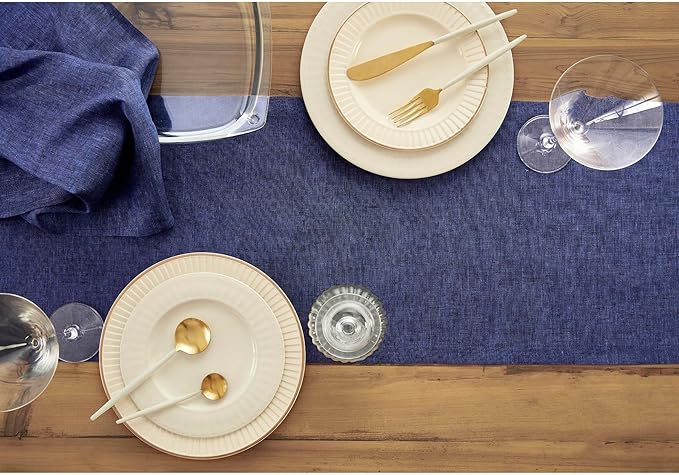 Solino Home Linen Chambray Navy Table Runner 120 Inches Long - Athena, 100% Pure Linen Dining Table Runner 14 x 120 Inch for Spring, Summer, Mothers Day, Memorial Day