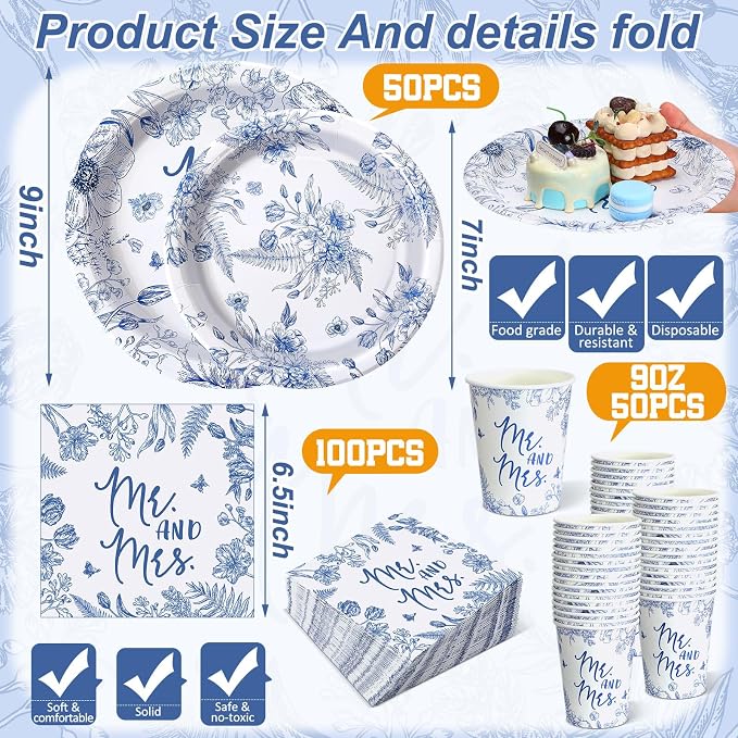 Zhehao 250 Pcs Mr. and Mrs. Bridal Shower Plates Napkins Sets 50 Pcs Floral 9'' Dinner Plates and 7'' Dessert Plate and 9oz Cup 100 Napkin Serves 50 Bridal Shower Decoration Engagement Party Supplies