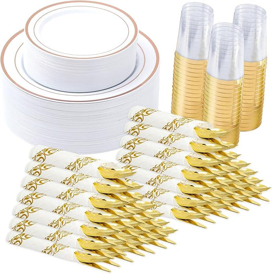350 Pieces Rose Gold Disposable Plates for 50 Guests, Disposable Plastic Plates, Dinnerware Set of 50 Dinner Plates, 50 Salad Plates,50 Cups and 50 Paper Napkins for New Year Party, Weddin