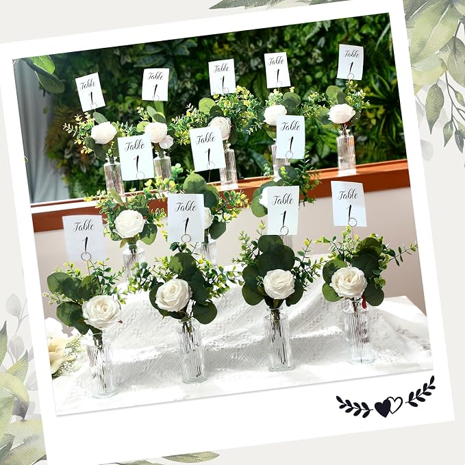 Threehoney 12 Set Artificial Flowers with Vases and Table Number Holder 12 Glass Bud Vases 48 Fake Plants and 12 Card Holder Picks Flower Table Centerpieces DIY for Wedding Home Dining Party Decor