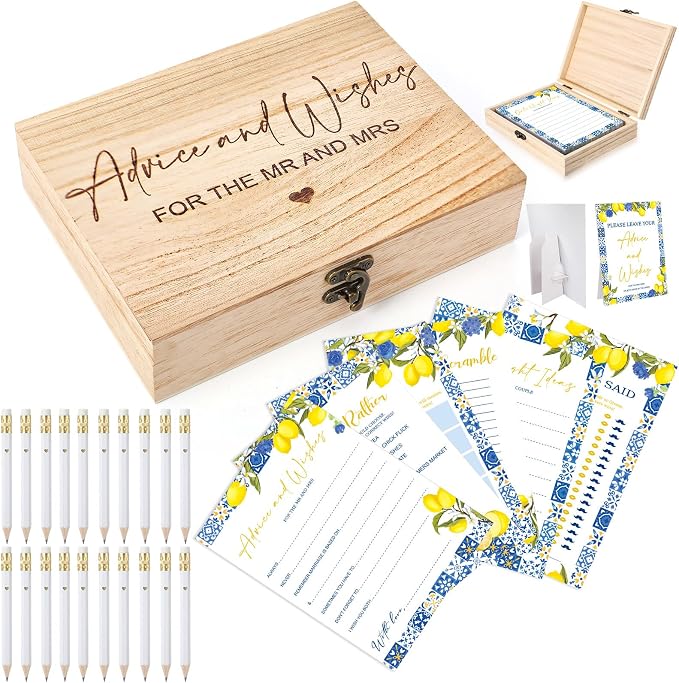 Silipull Bridal Shower Games Set for 50 Guests Includes Bingo, He Said She Said, Scramble, Would She Rather, Advice and Wishes Wedding Games Double Sided with Wooden Box, 20 Pencils (Lemon)