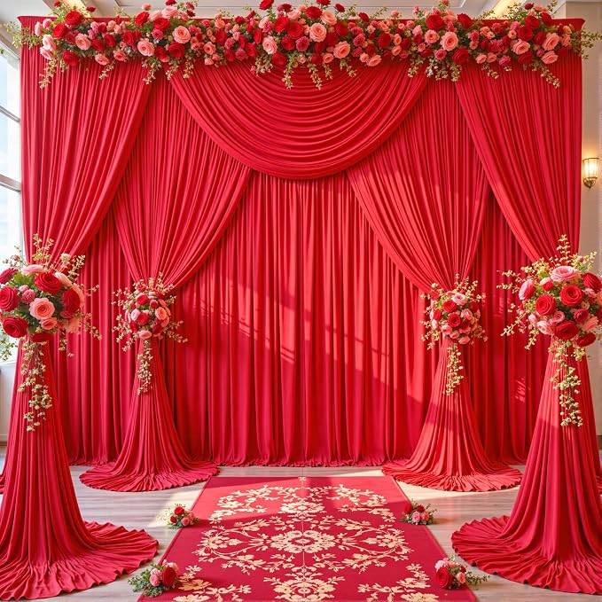 10 Panels Red Backdrop Curtains for Wedding Party Wrinkle Free Backdrops Curtain Drapes Fabric Decorations Photo Back Drop Cloth for Baby Shower Photography Stage Reception 50ft(W) x 12ft(H)