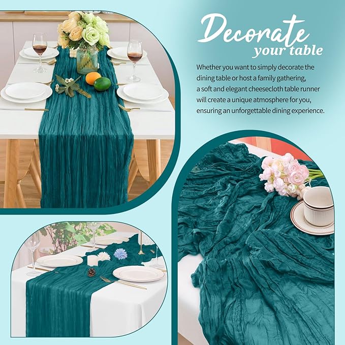 Teal Cheesecloth Table Runner 18 Pack 10FT - Boho Gauze Sheer Rustic Crinkled Table Runners for Wedding Party Baby Shower Bridal Decor