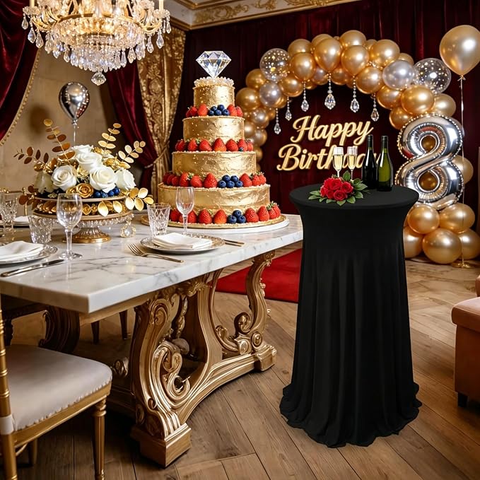6 Pack Round Spandex Cocktail Table Tablecloth with Skirts, 32 x 43 Inch Black Spandex High Top Cocktail Table Covers, Stretch Fitted Round Cocktail Tablecloths for High Top Bar Party Wedding Banquet
