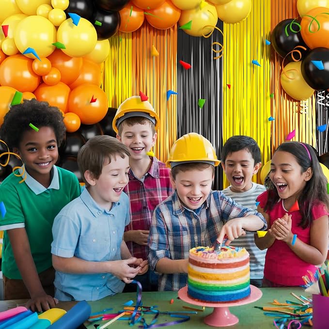 Construction Balloon Garland Arch Kit Birthday Party Decorations Supplies, Yellow Orange Black Foil Fringe Curtains Backdrop Tinsel Streamer Photo Booth Props Truck Car Themed Party Decor